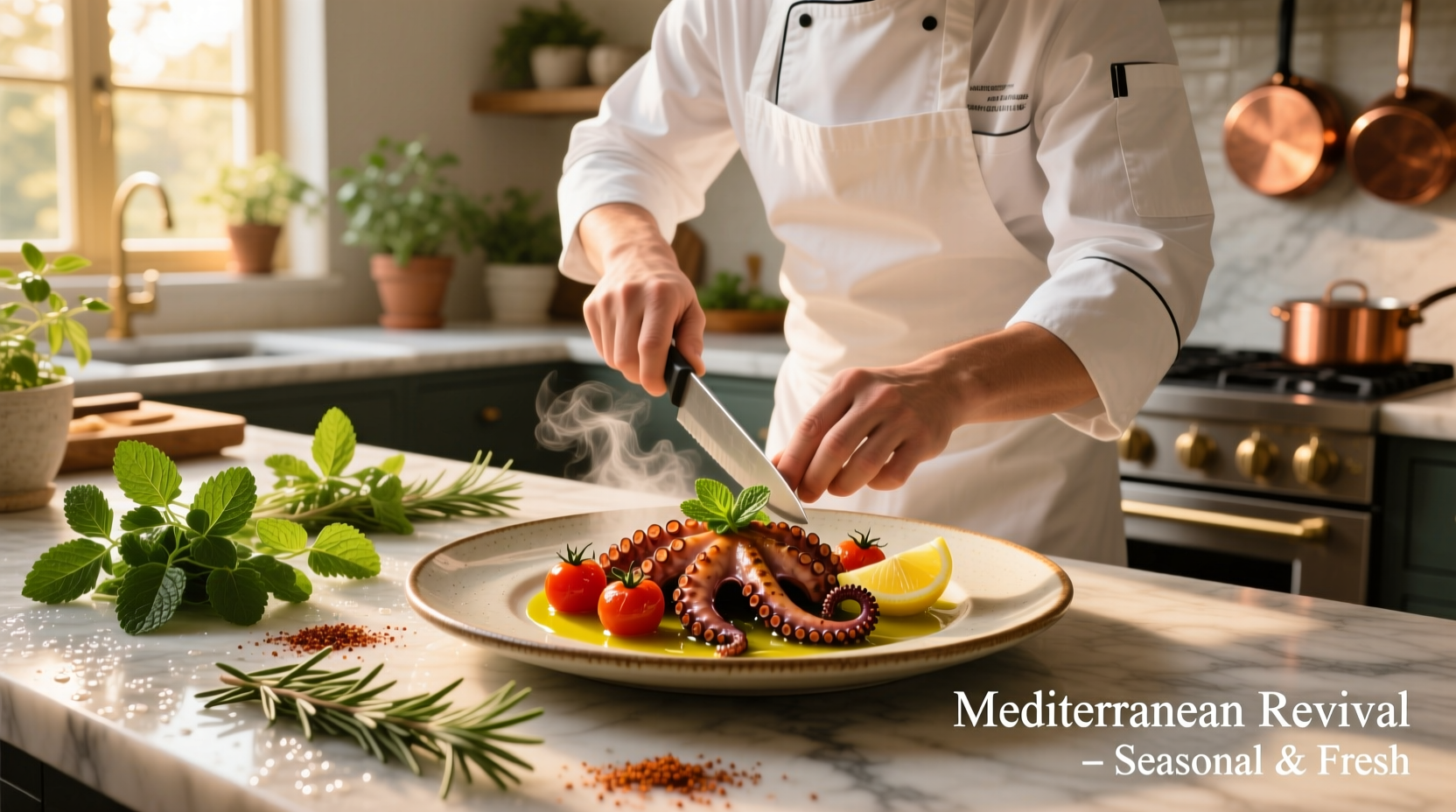Chef preparing modern Mediterranean dish with fresh herbs