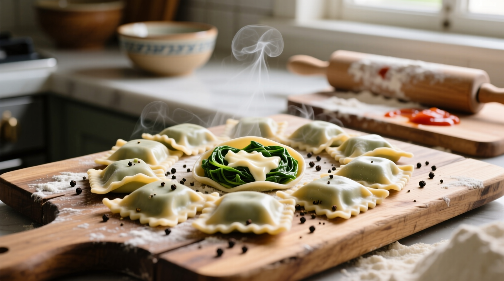 Homemade spinach and cheese ravioli on wooden board