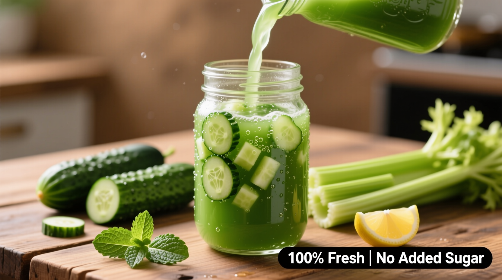 Fresh cucumber and celery juice in glass with ingredients