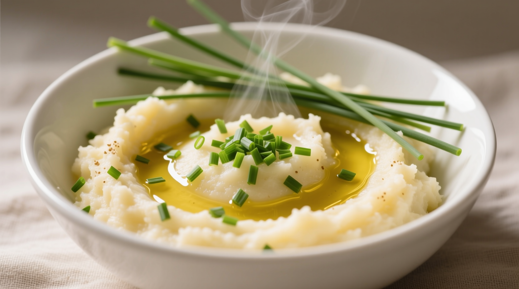 Creamy potato leek mash in white bowl with fresh chives