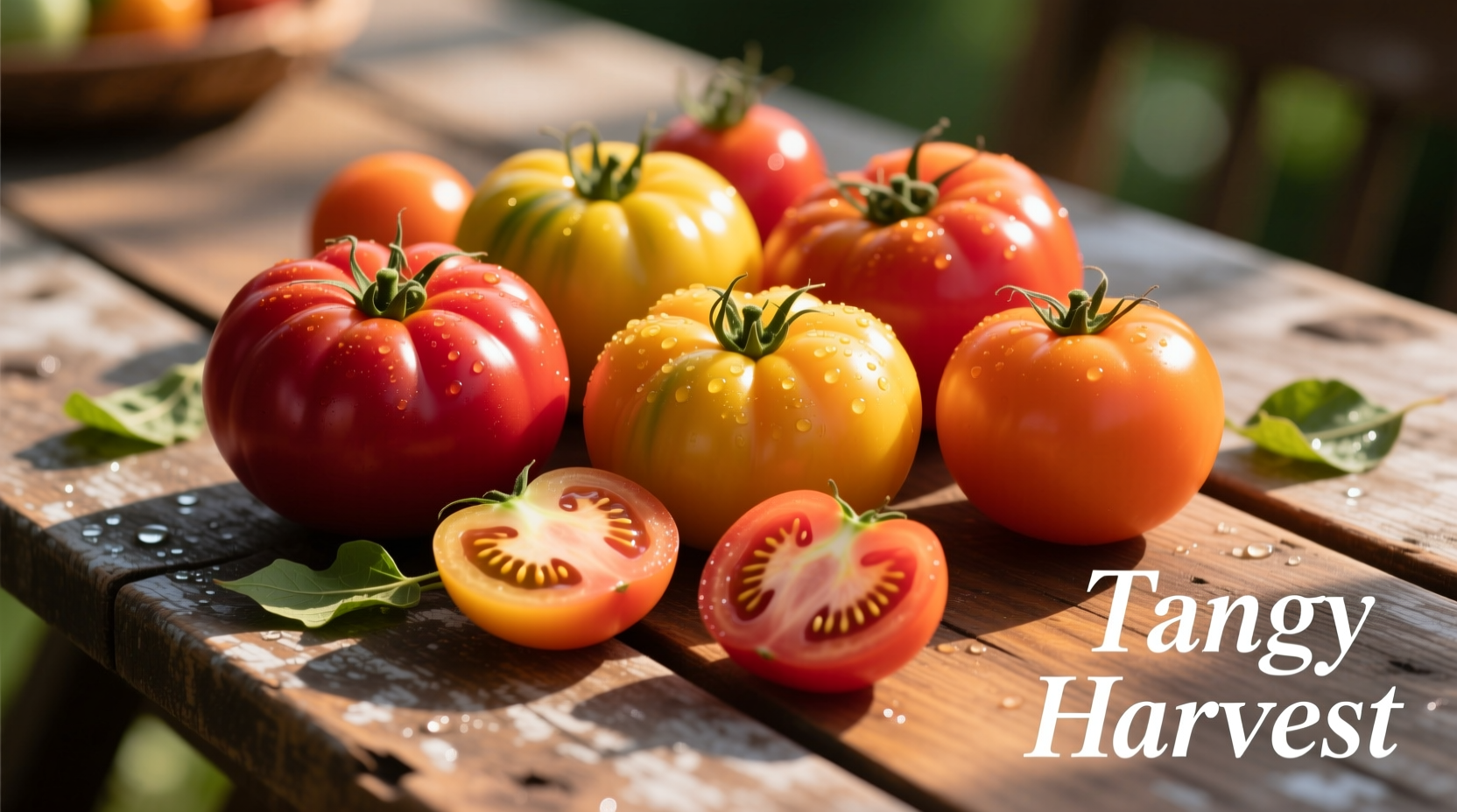 Ripe tangy tomato varieties on wooden table