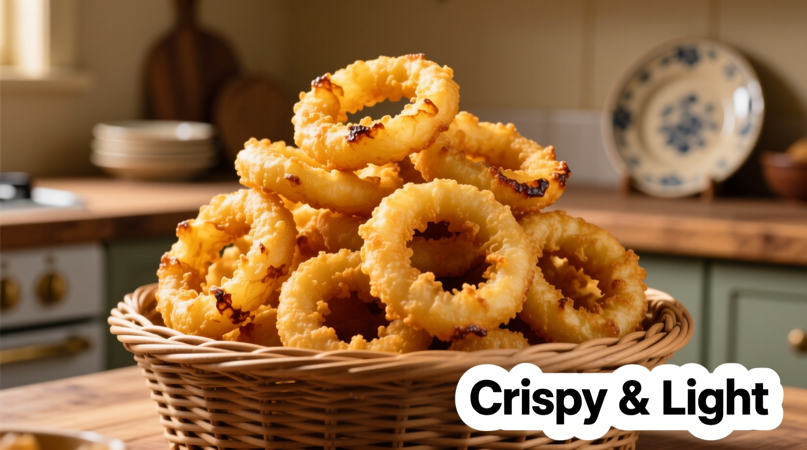 Golden air fried onion rings in basket