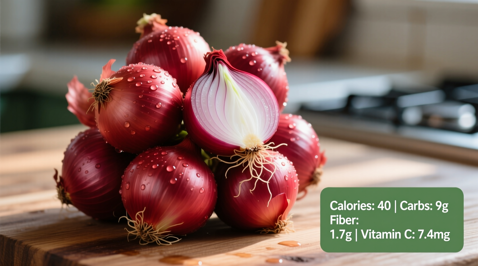 Fresh red onions with nutritional labels