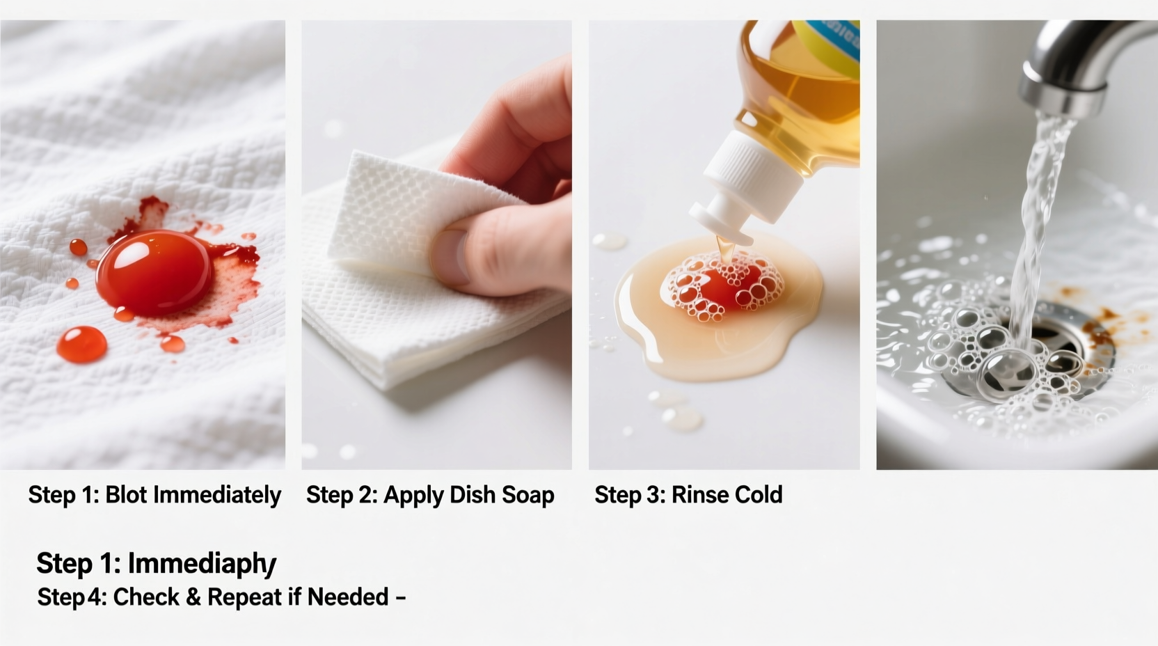 Step-by-step tomato stain removal process on white fabric