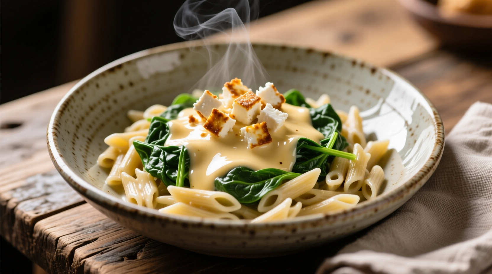 Creamy orzo spinach dish with feta garnish