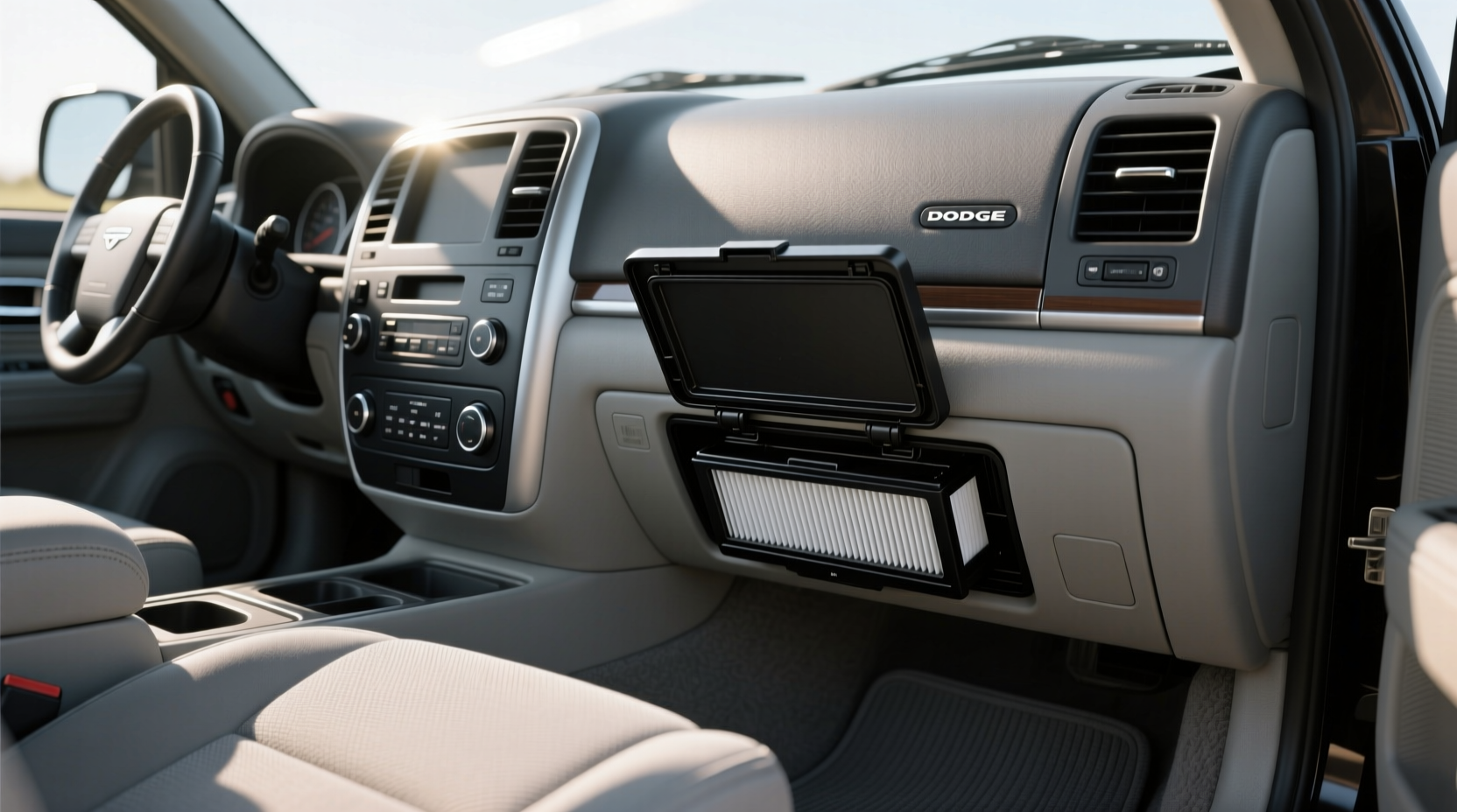 Location of cabin air filter retrofit in 2001 Dodge Ram 1500 behind glove box