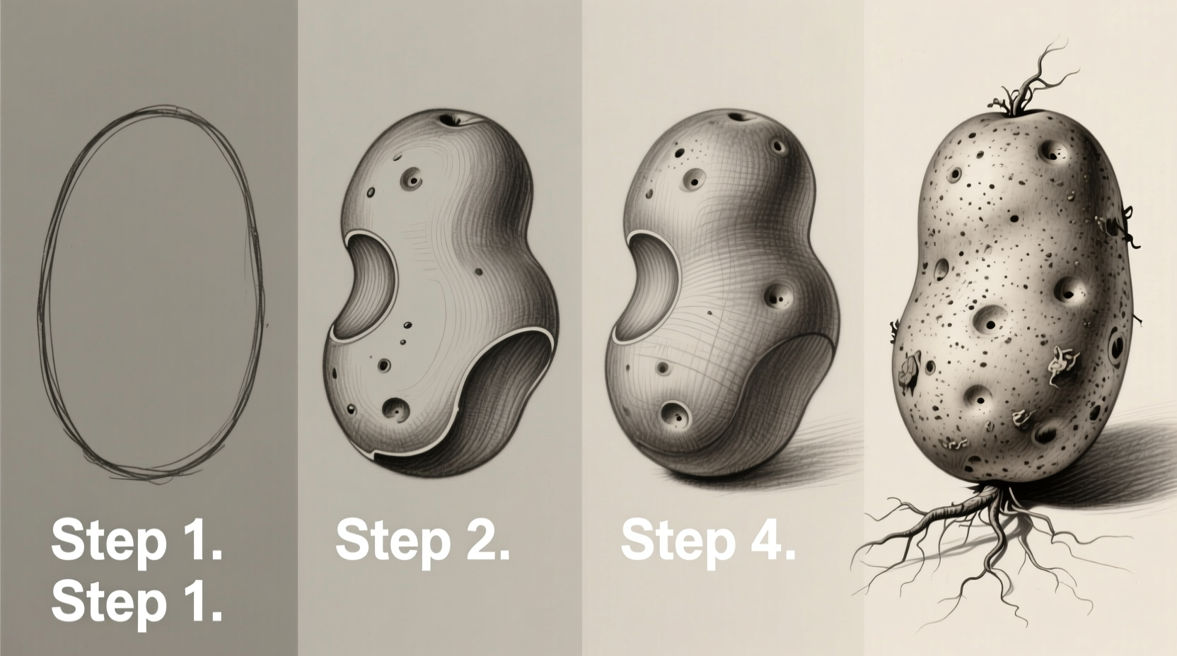 Step-by-step potato drawing progression showing basic shape to finished drawing