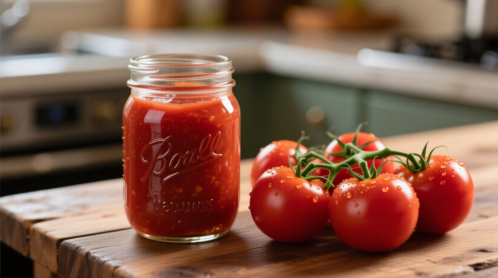 Tomato puree in glass jar next to fresh tomatoes