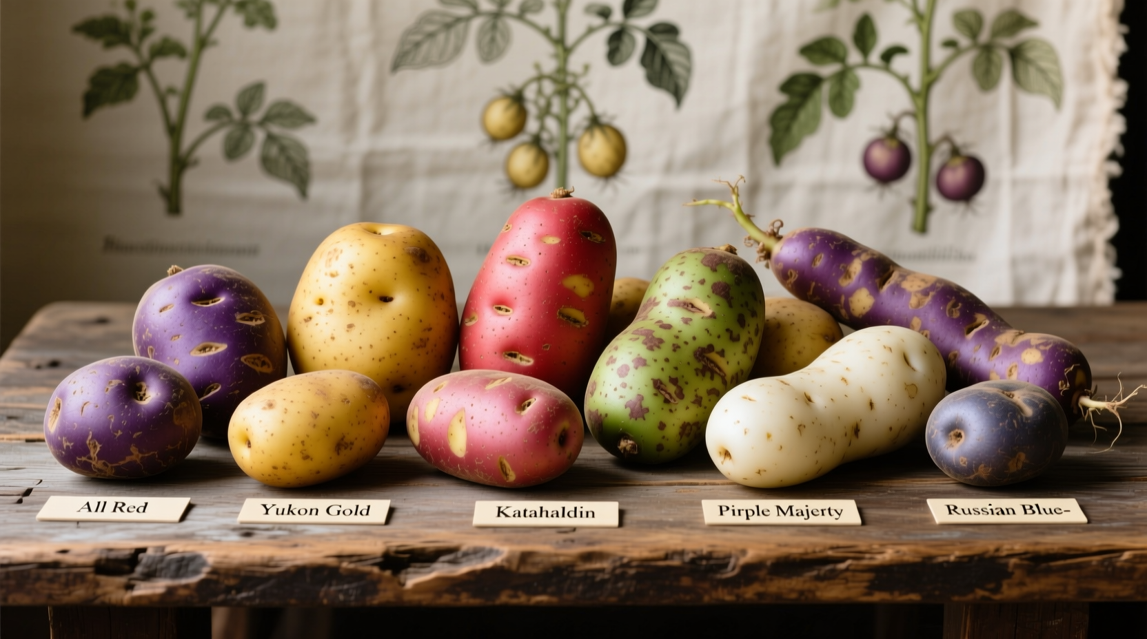 Potato varieties showing different skin colors and shapes