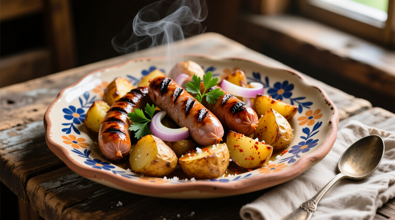 Traditional Polish plate with kielbasa and potatoes