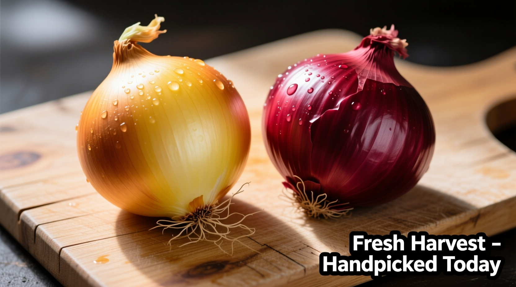 Yellow and red onions side by side on cutting board