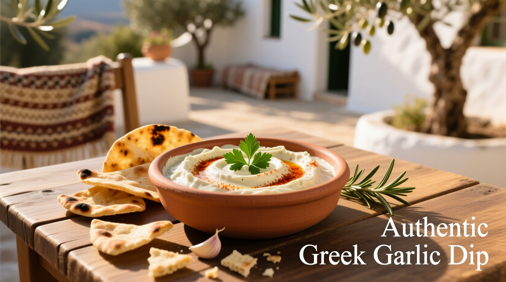 Creamy Mediterranean garlic dip in terra cotta bowl with pita