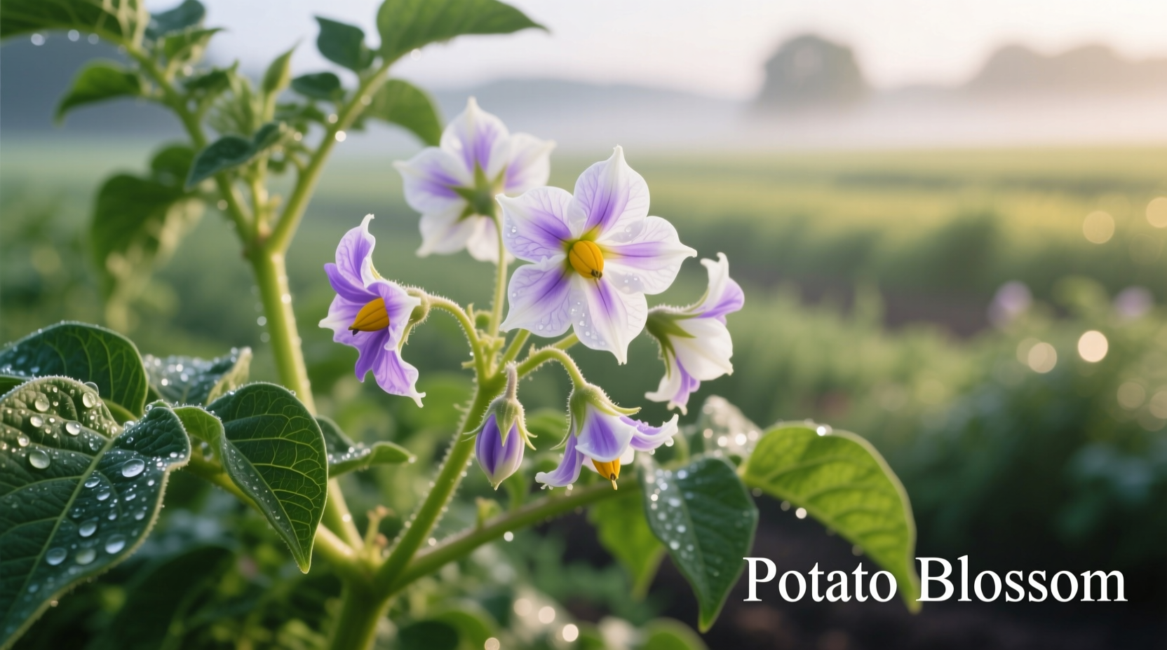 Purple and white potato flowers on green plant