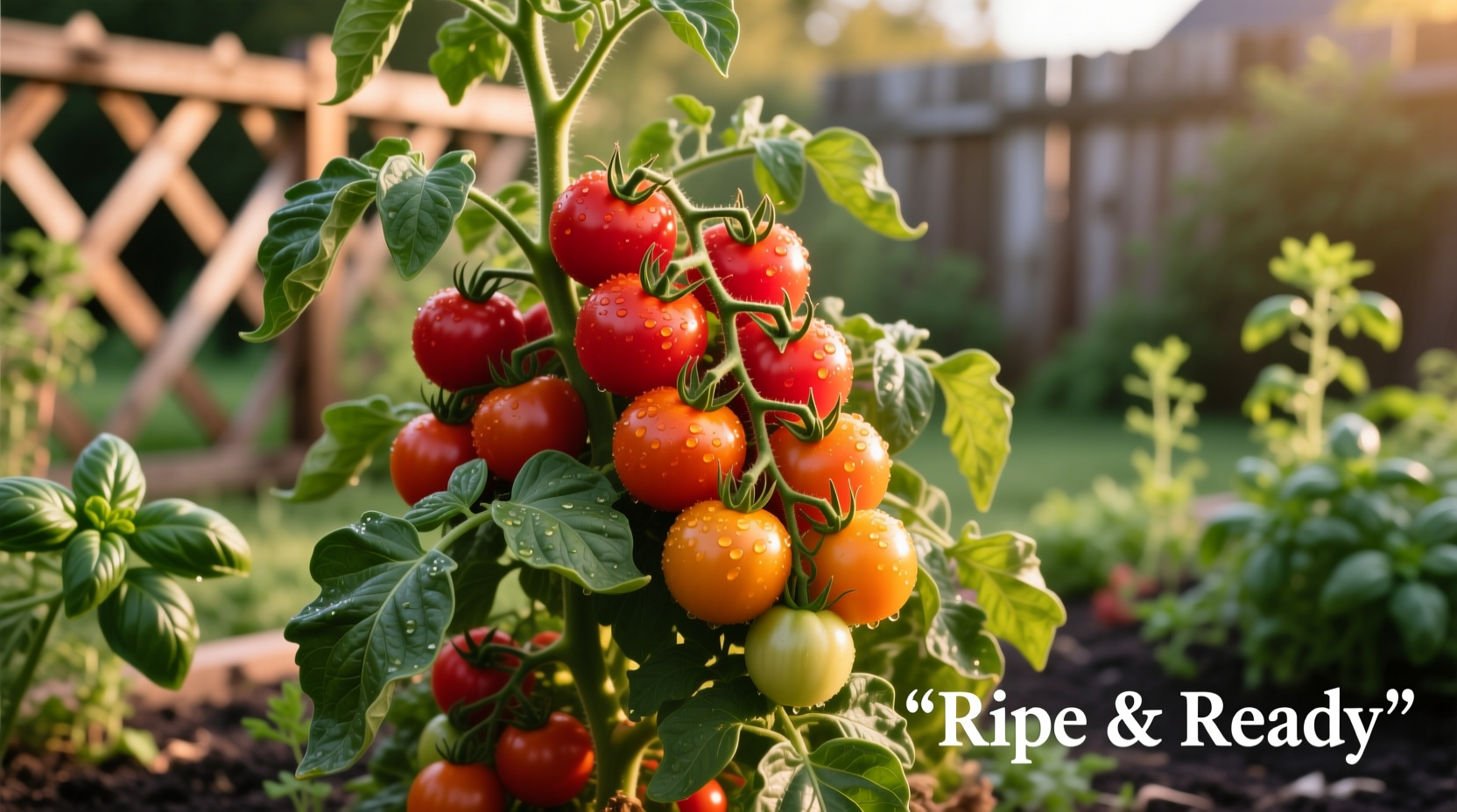 Determinate tomato plant with ripening fruit in garden