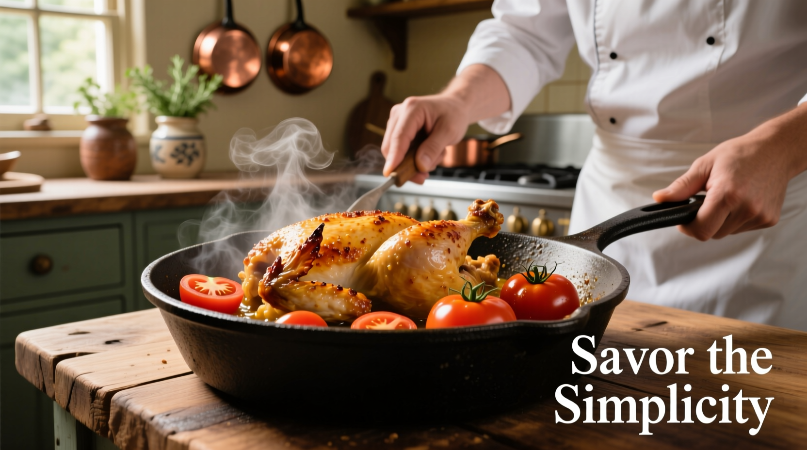 Chef preparing chicken with fresh tomatoes in cast iron skillet