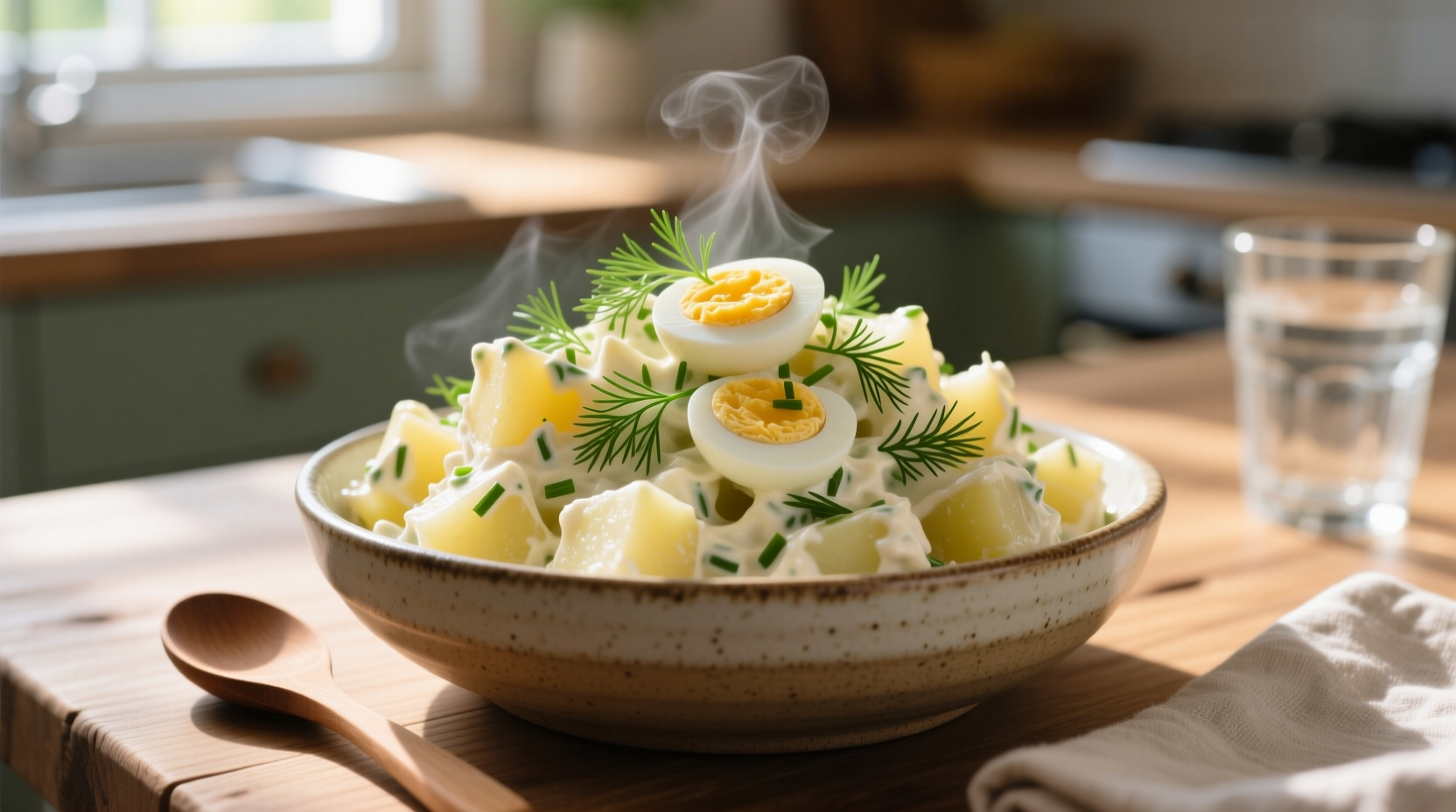 Creamy potato salad with chopped eggs and fresh dill