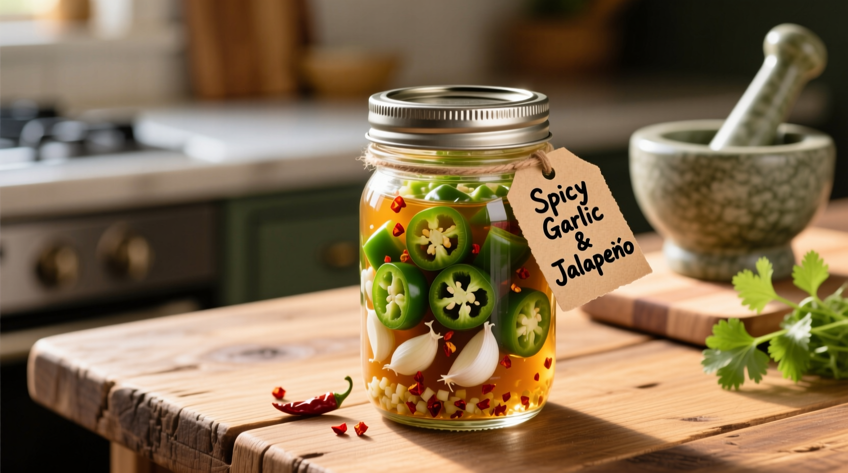 Homemade jalapeño garlic seasoning in glass jar