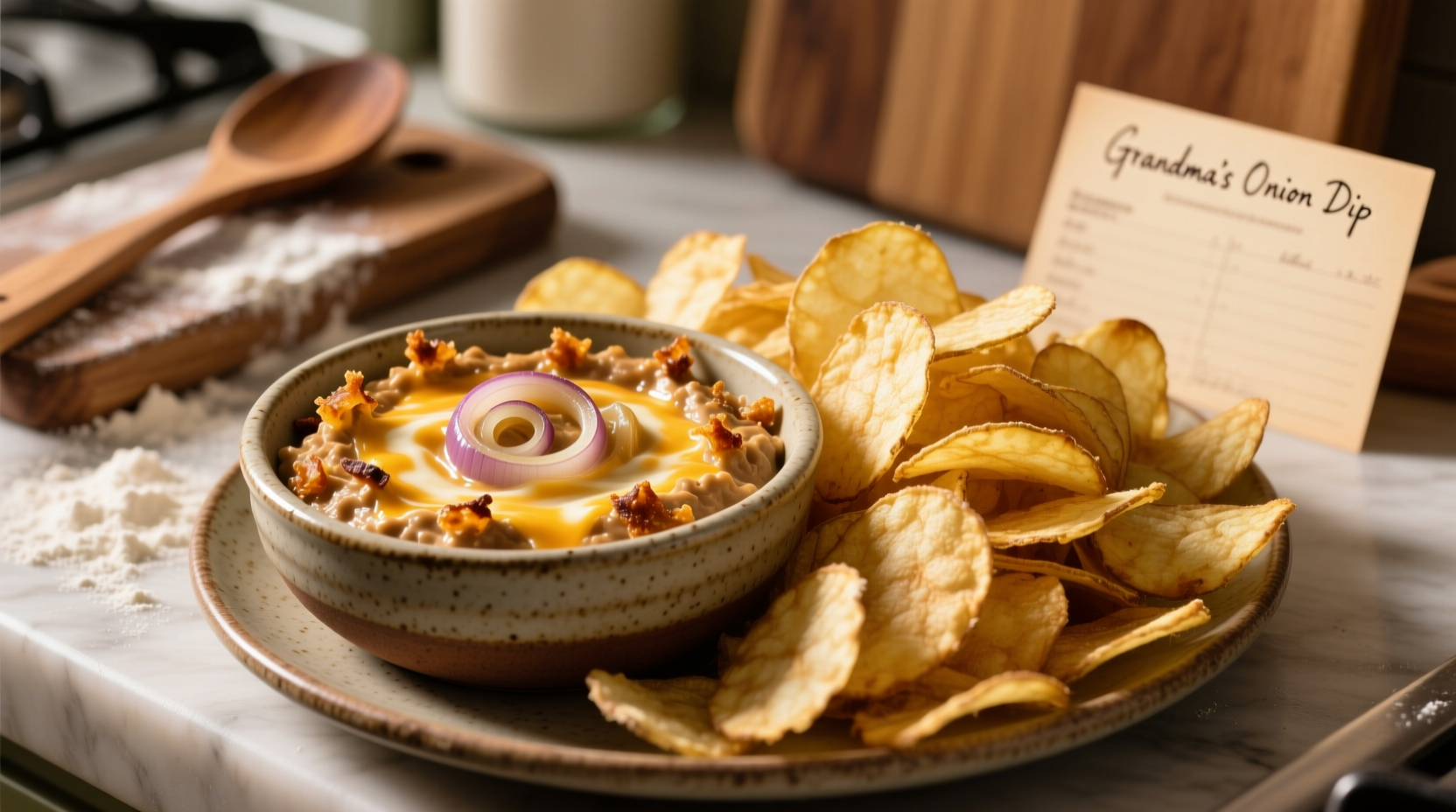 Homemade french onion chip dip in bowl with chips