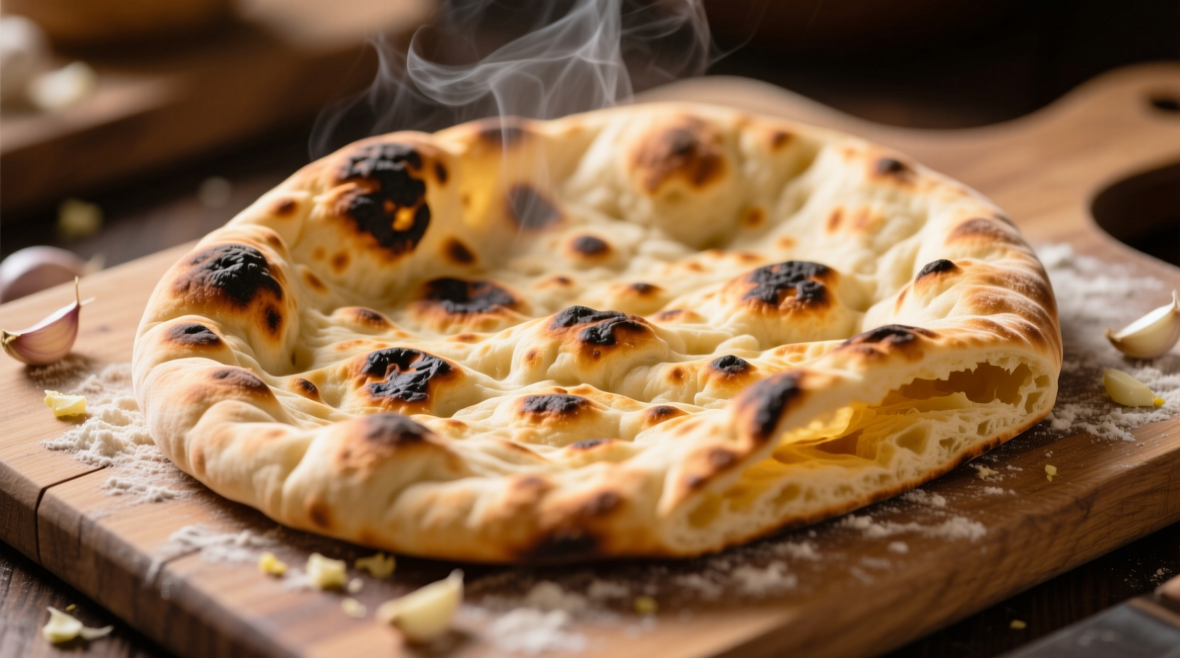 Freshly made garlic naan bread with visible char marks