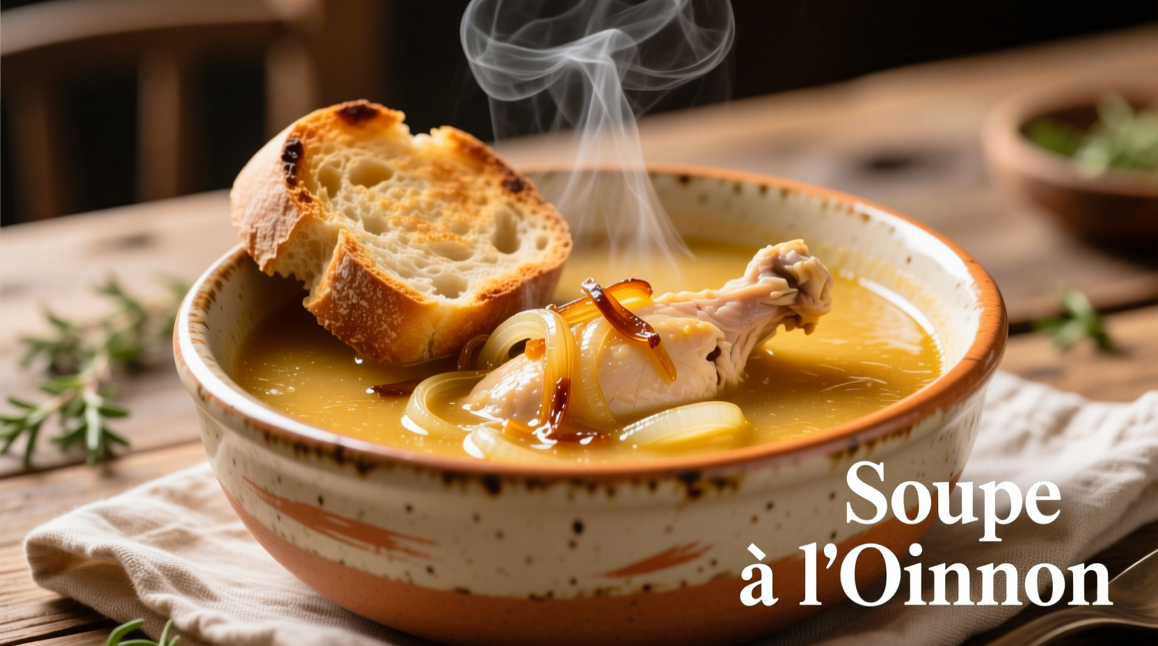 Golden chicken french onion soup in ceramic bowl