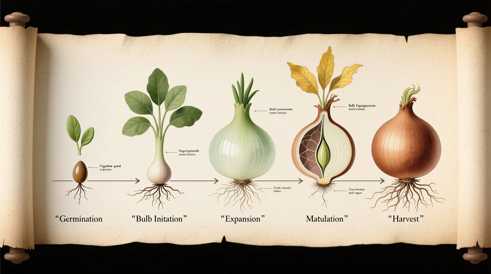 Onion growth stages timeline showing bulb development phases