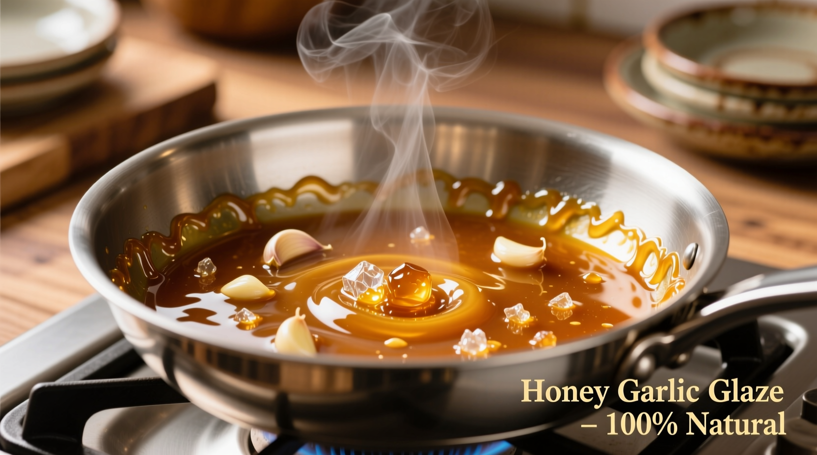 Golden honey garlic sauce simmering in stainless steel pan