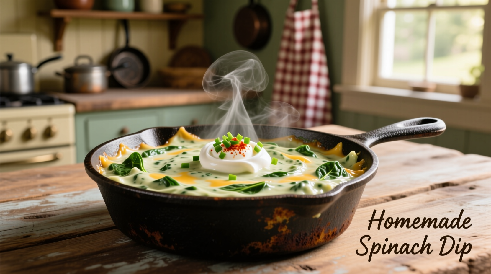 Creamy hot spinach dip in cast iron skillet