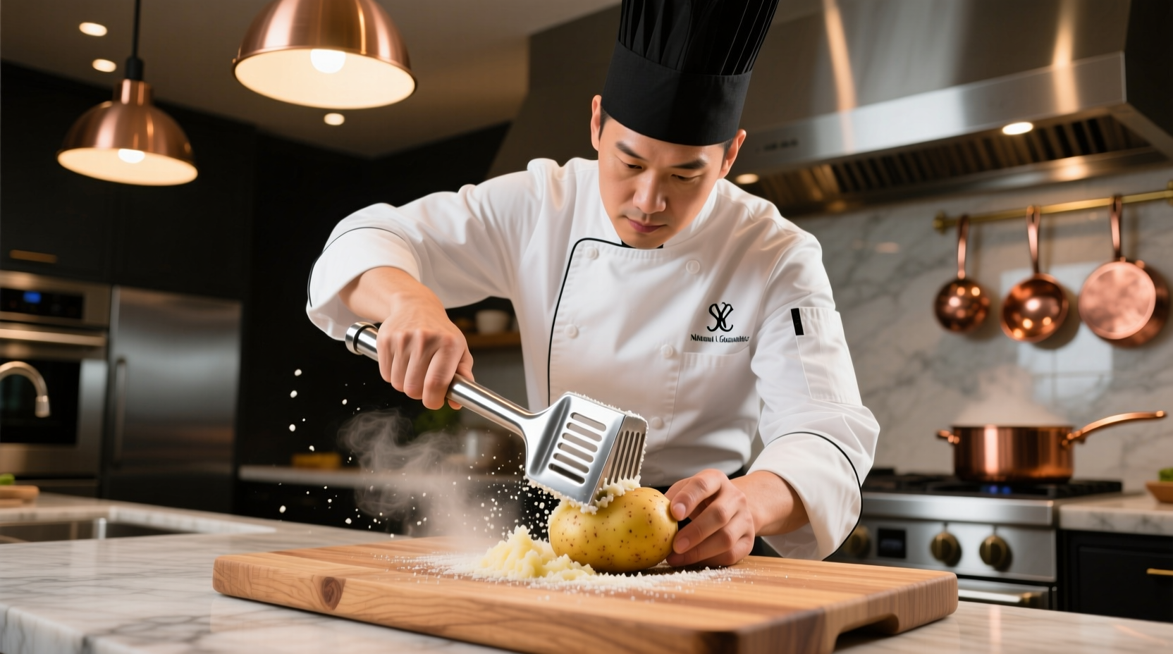 Professional chef using large stainless steel potato masher