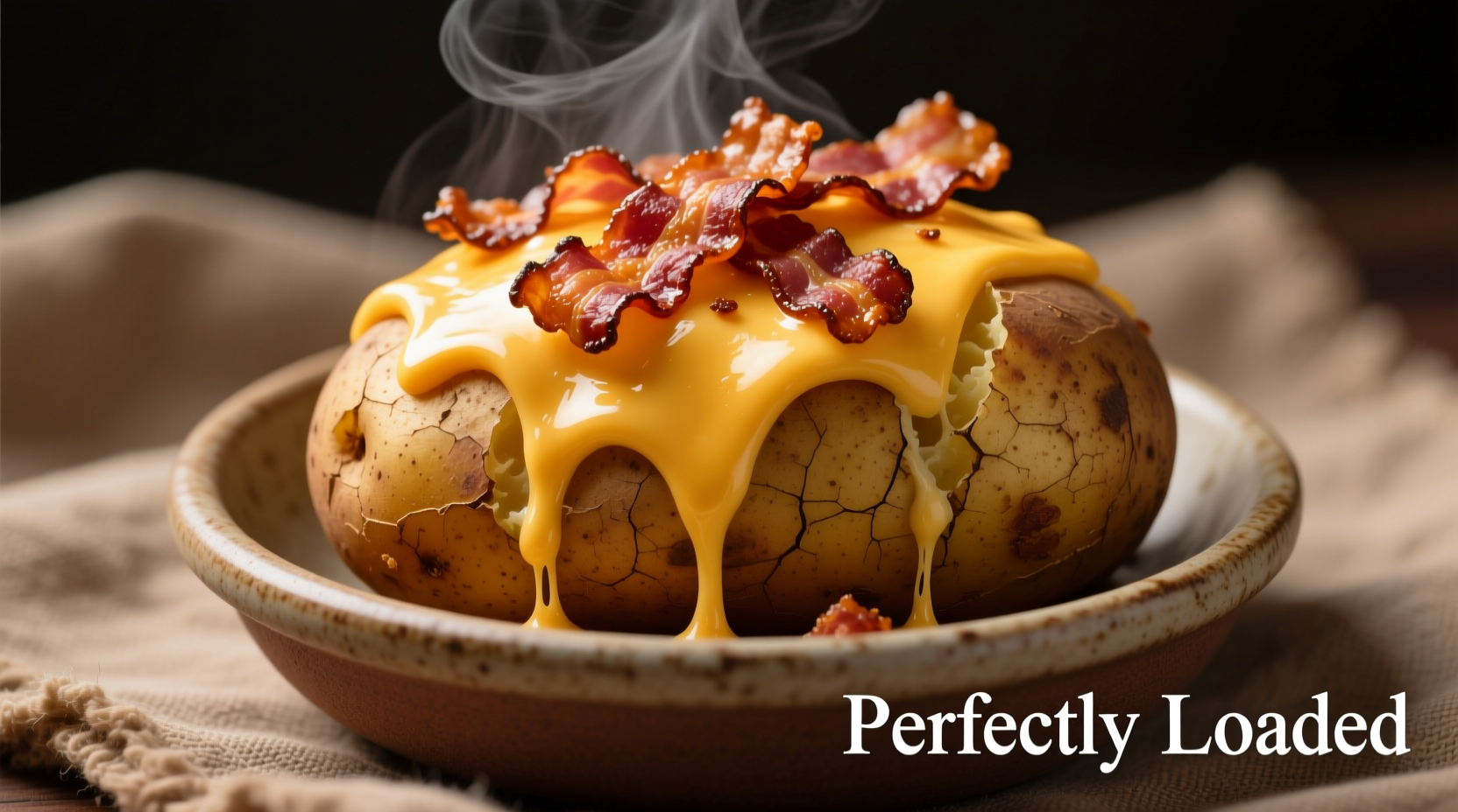 Perfectly loaded baked potato with melted cheese and bacon