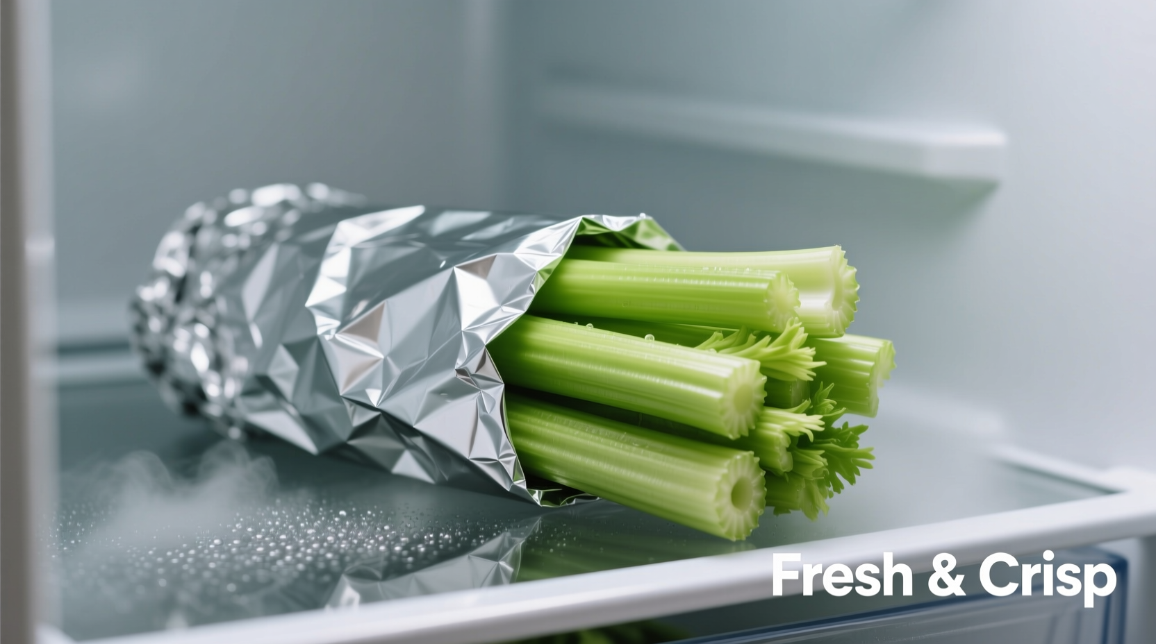 Fresh celery stored in aluminum foil in refrigerator