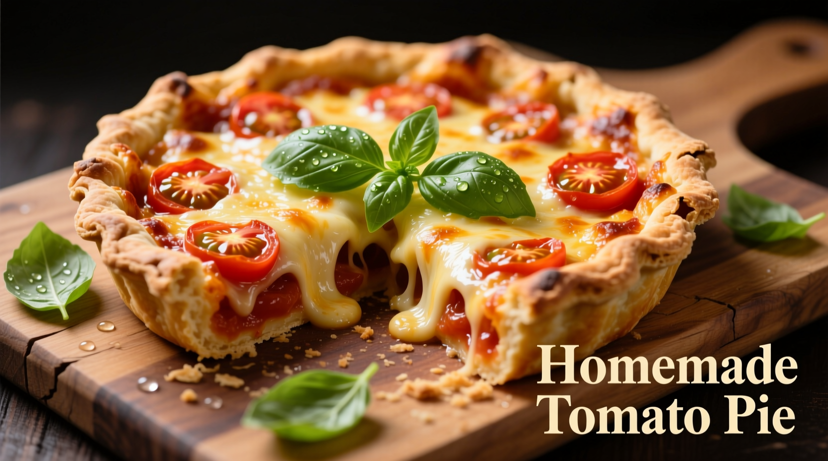 Golden tomato pie with bubbling cheese and fresh basil