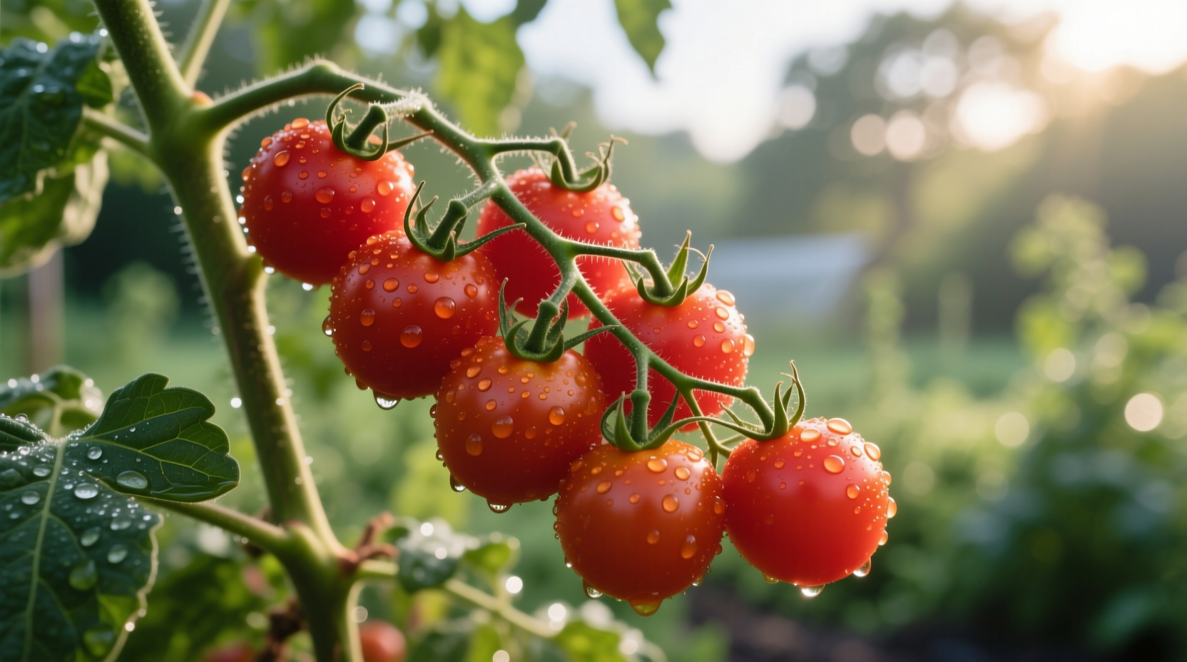 Fresh grape tomatoes on vine with dew