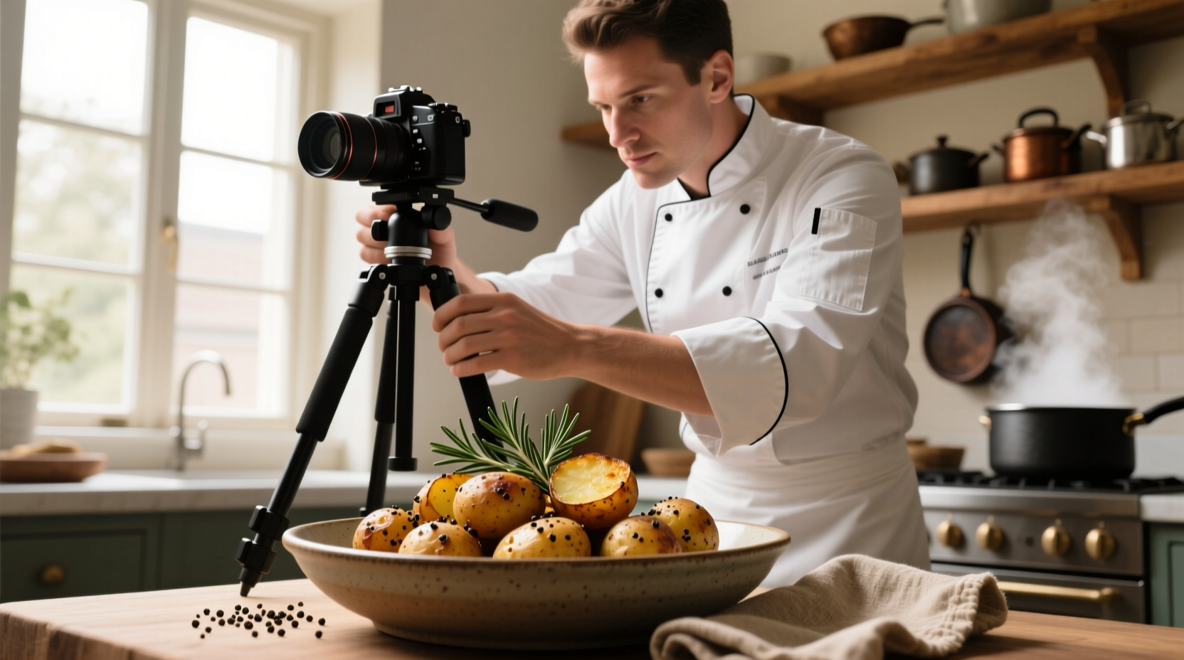 Food photographer adjusting tripod for potato dish shot