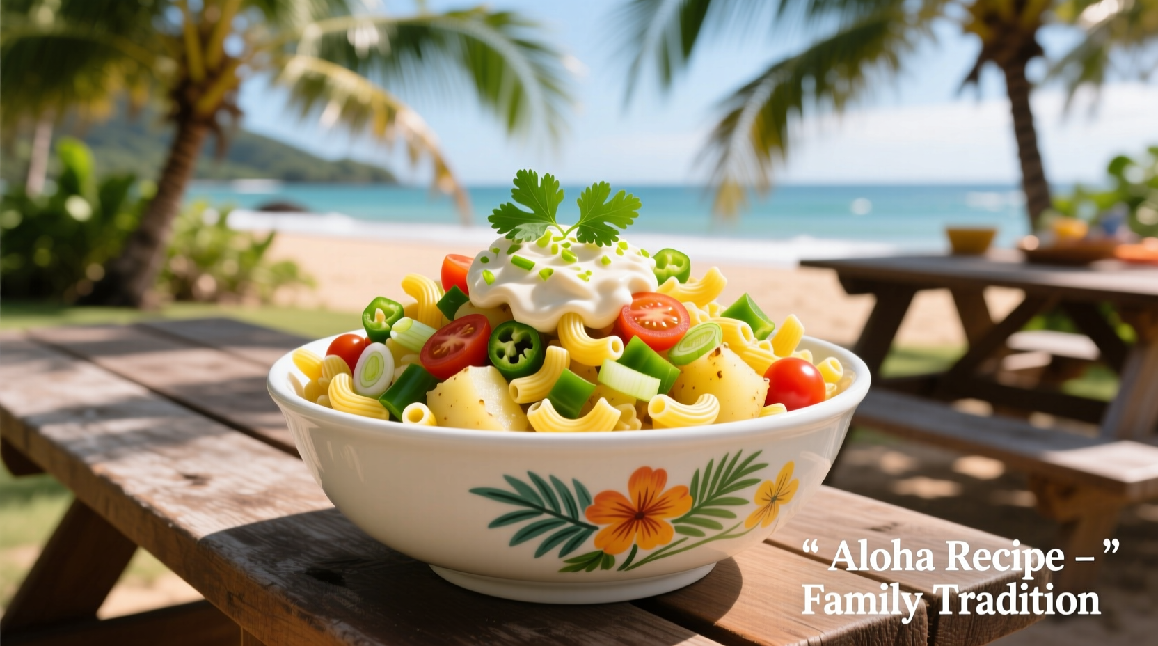 Hawaiian macaroni potato salad in traditional serving bowl
