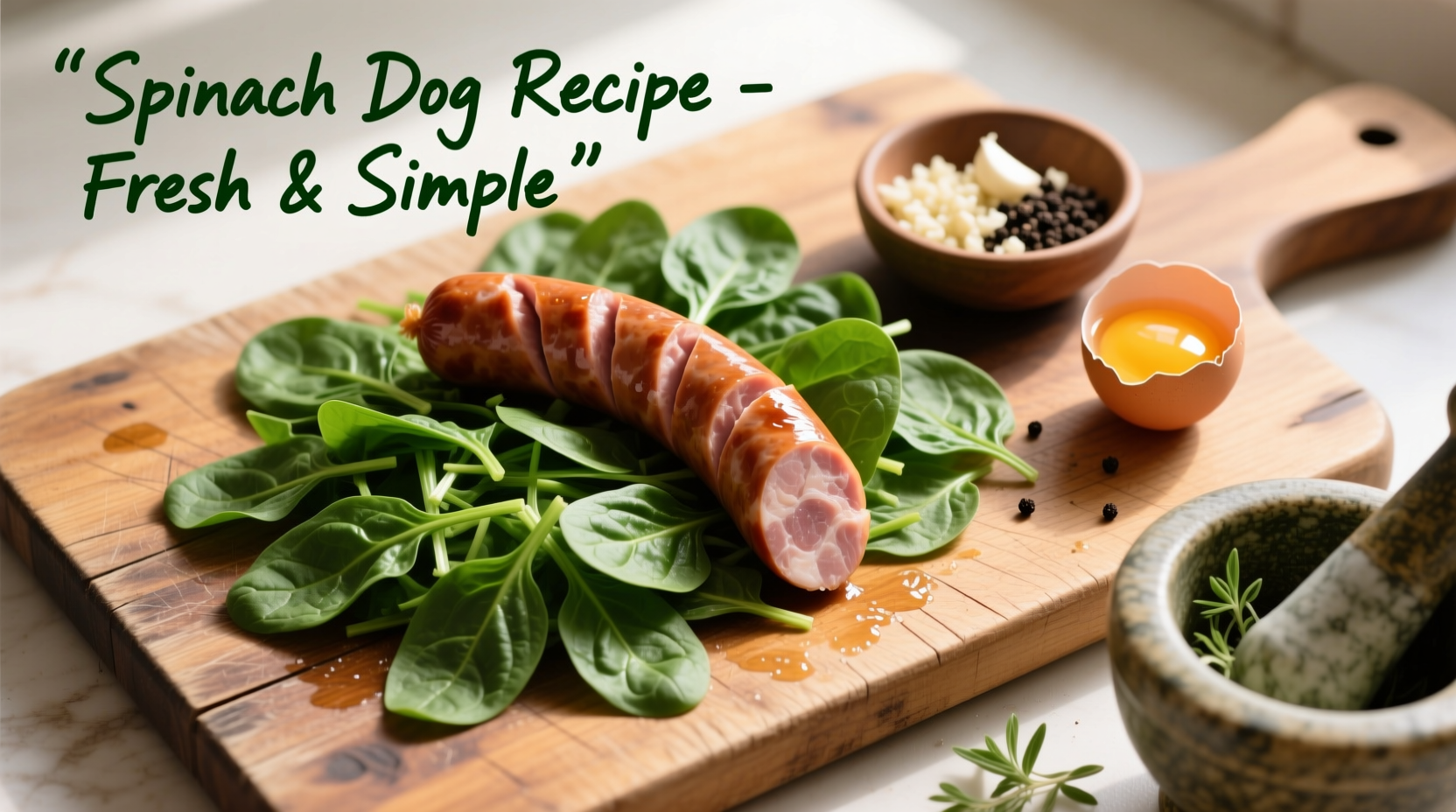 Spinach dog recipe preparation on wooden cutting board
