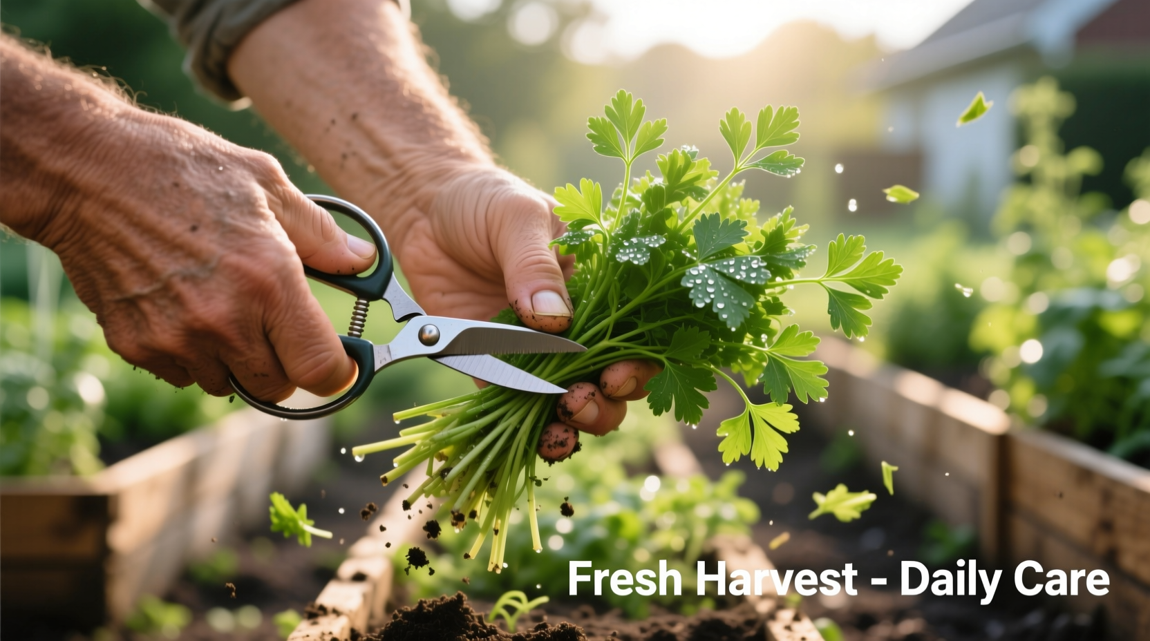 Hand harvesting fresh parsley with scissors