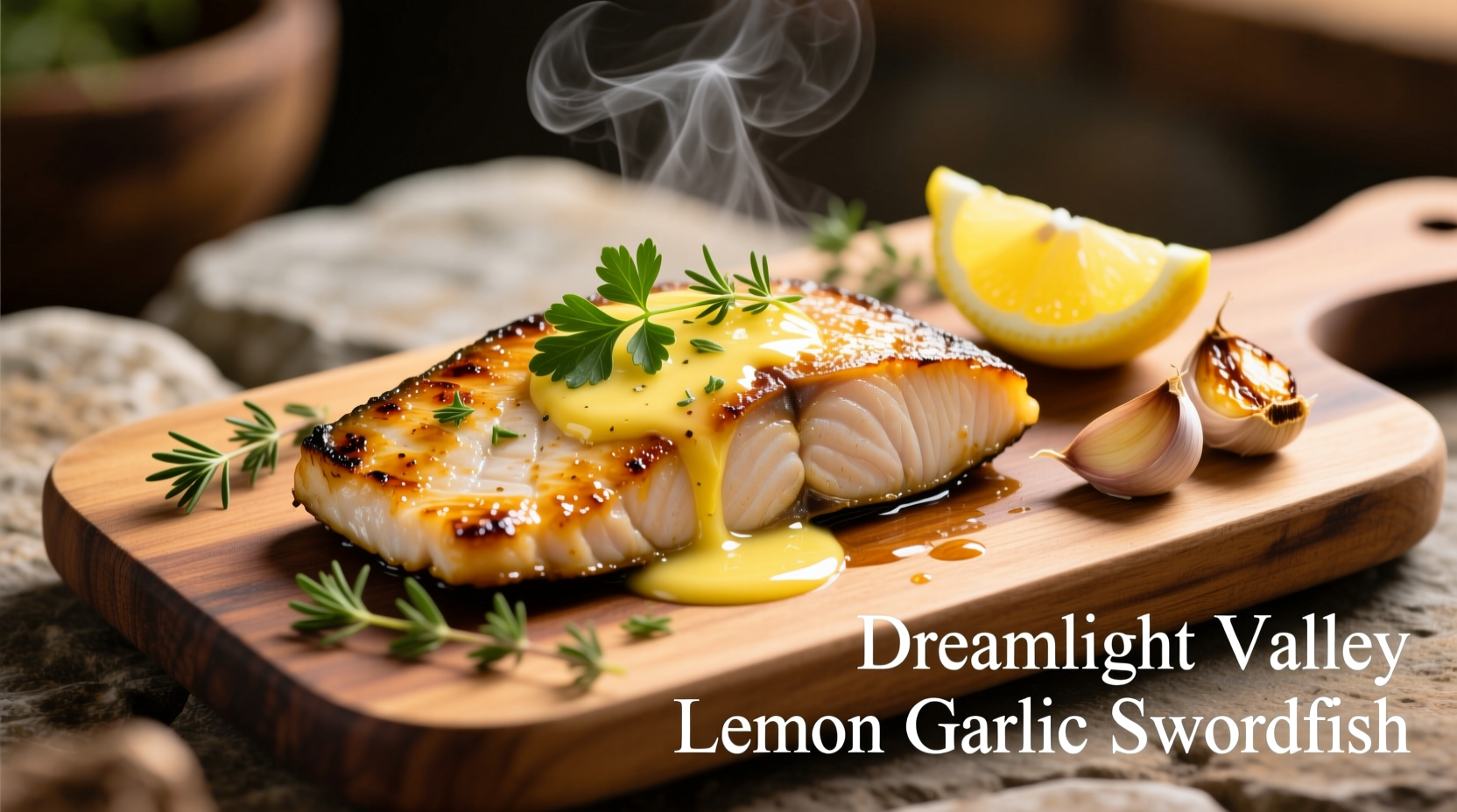 Dreamlight Valley Lemon Garlic Swordfish plated