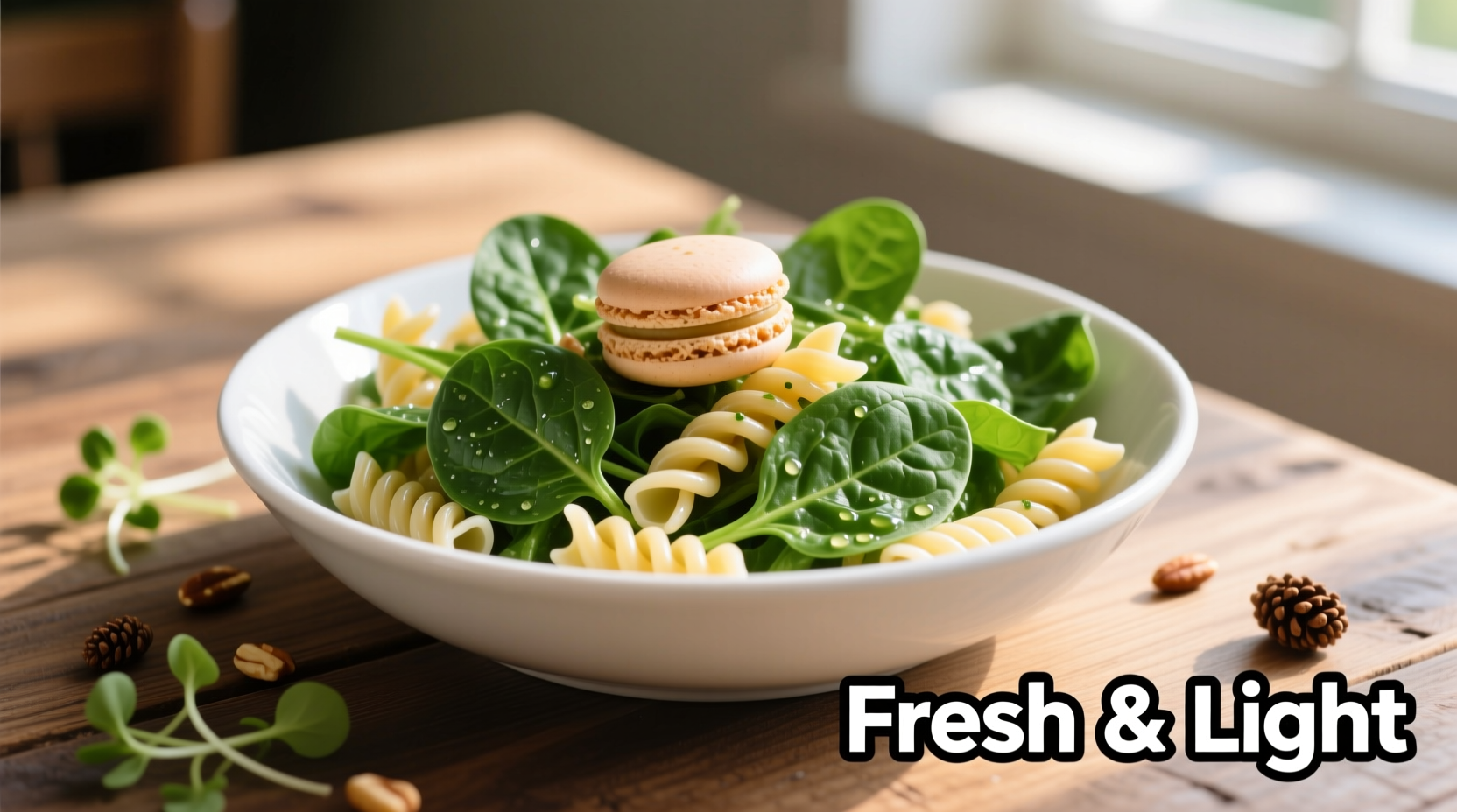 Fresh macaroni spinach salad in white bowl