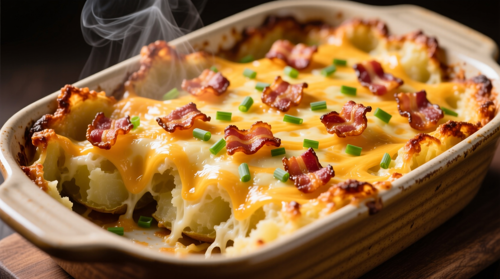 Gebackener Kartoffelauflauf mit geschmolzenem Käse und Speck-Topping