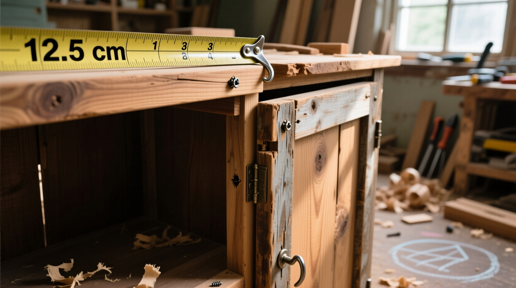 Reclaimed wood cabinet assembly with measuring tape