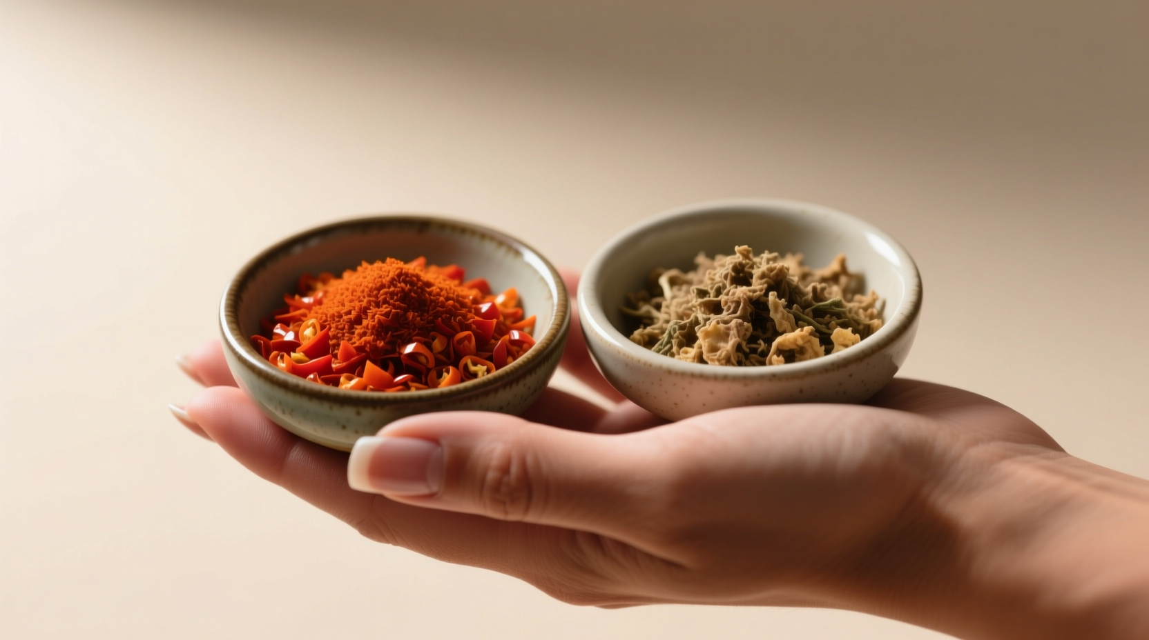 Hand holding fresh vs stale paprika in small bowls