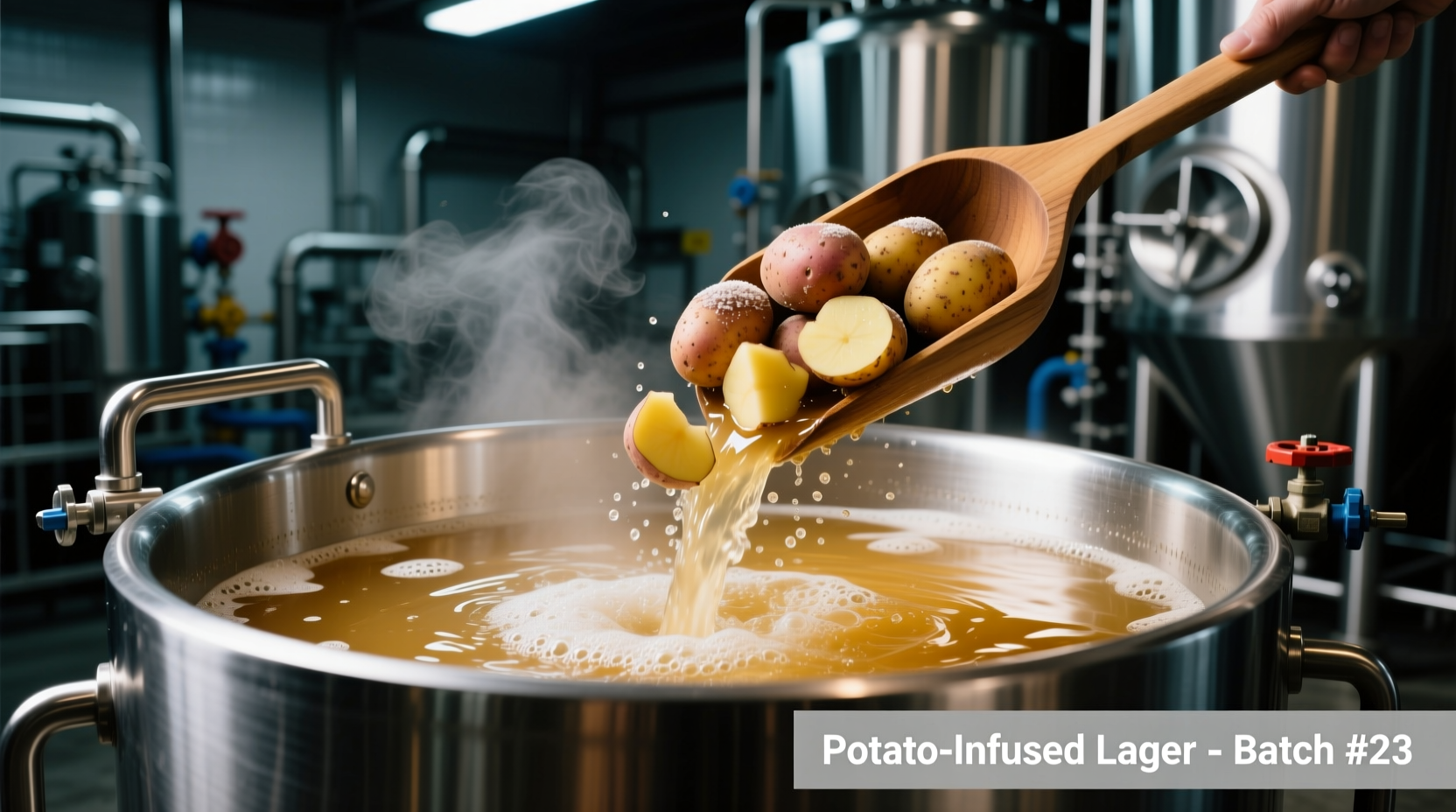 Craft brewery kettle with potatoes being added to beer wort