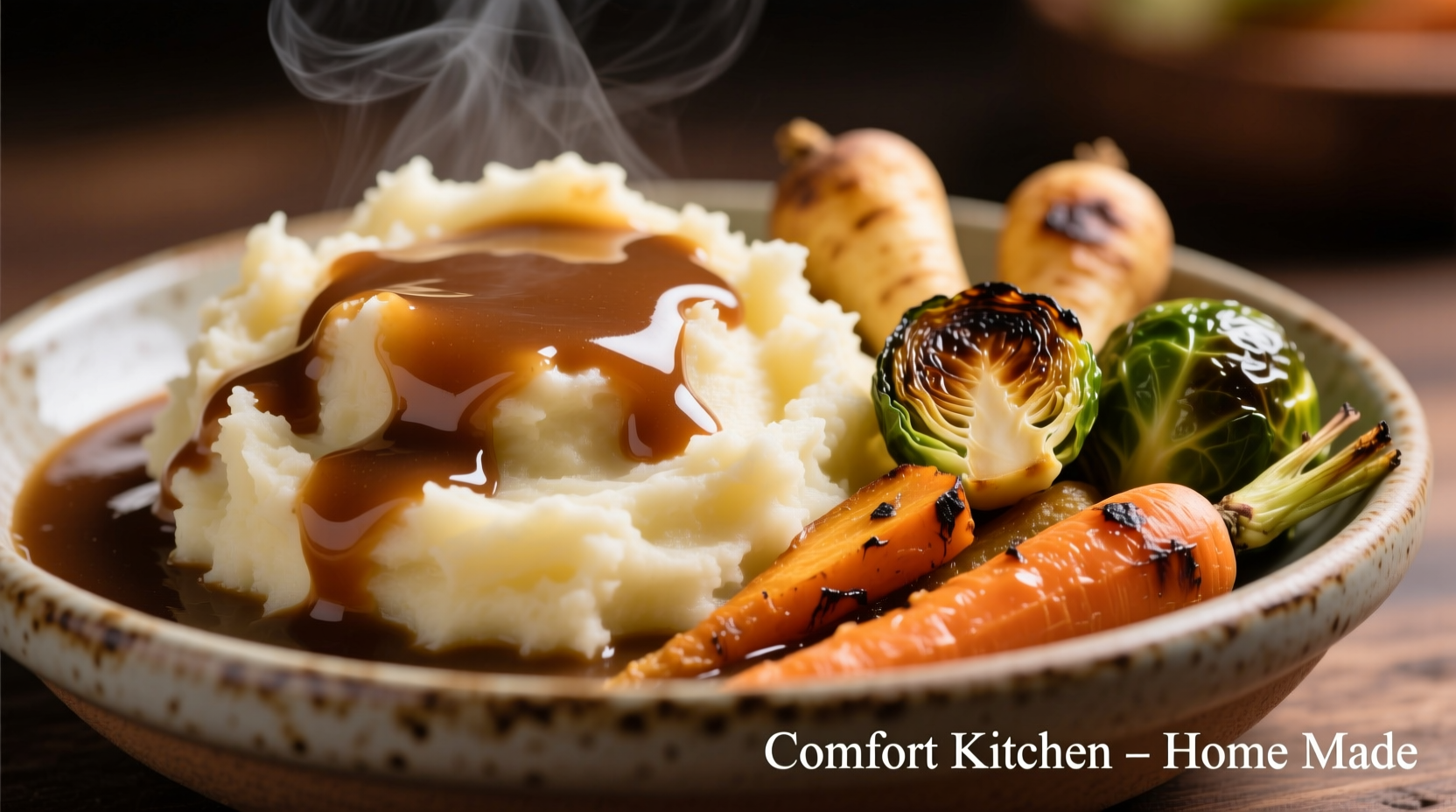 Mashed potatoes with rich brown gravy and roasted vegetables