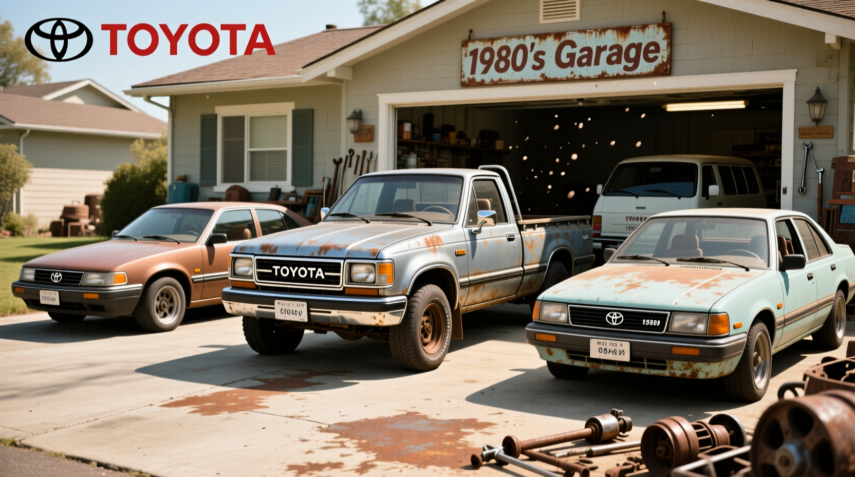 Side view of a restored 1980 Toyota Pickup on paved road