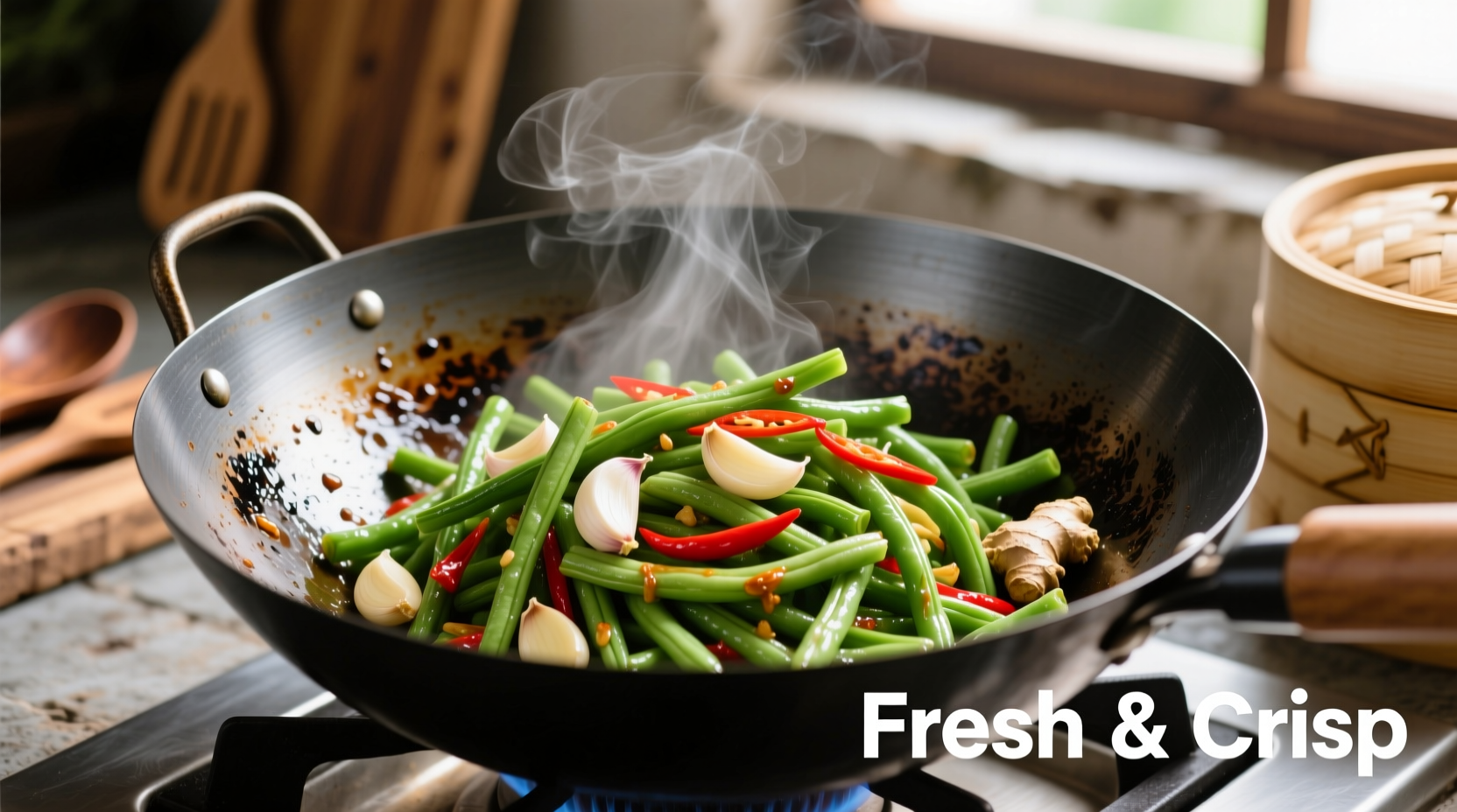 Crisp garlic string beans in wok with fresh ingredients