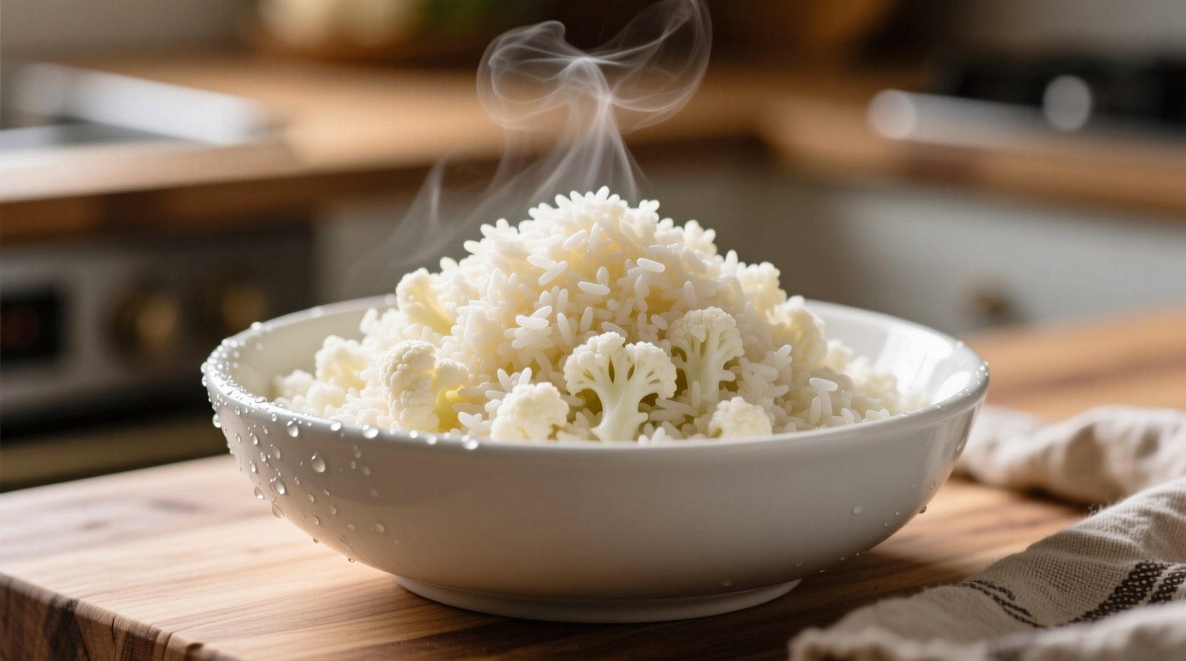 Freshly grated cauliflower rice in bowl