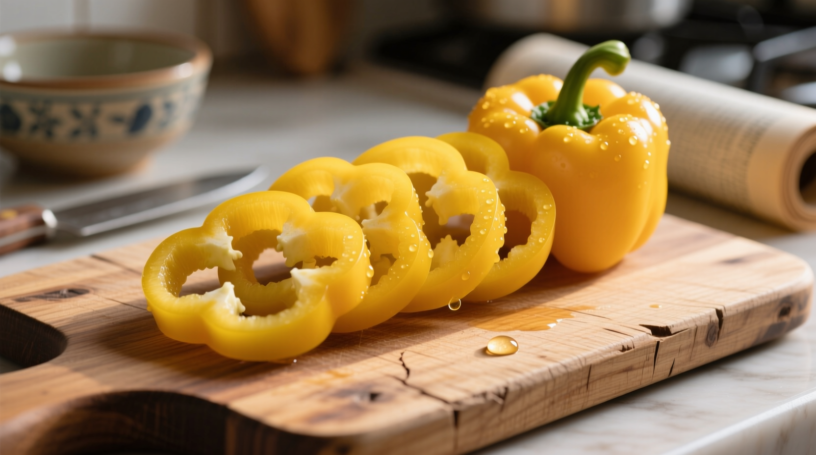 Fresh yellow bell peppers sliced on wooden cutting board