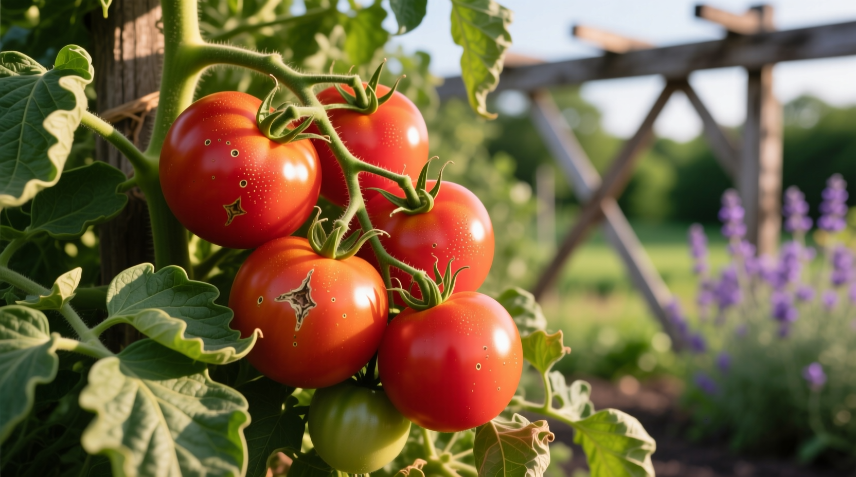 Ripe Fourth of July tomatoes on vine with green leaves
