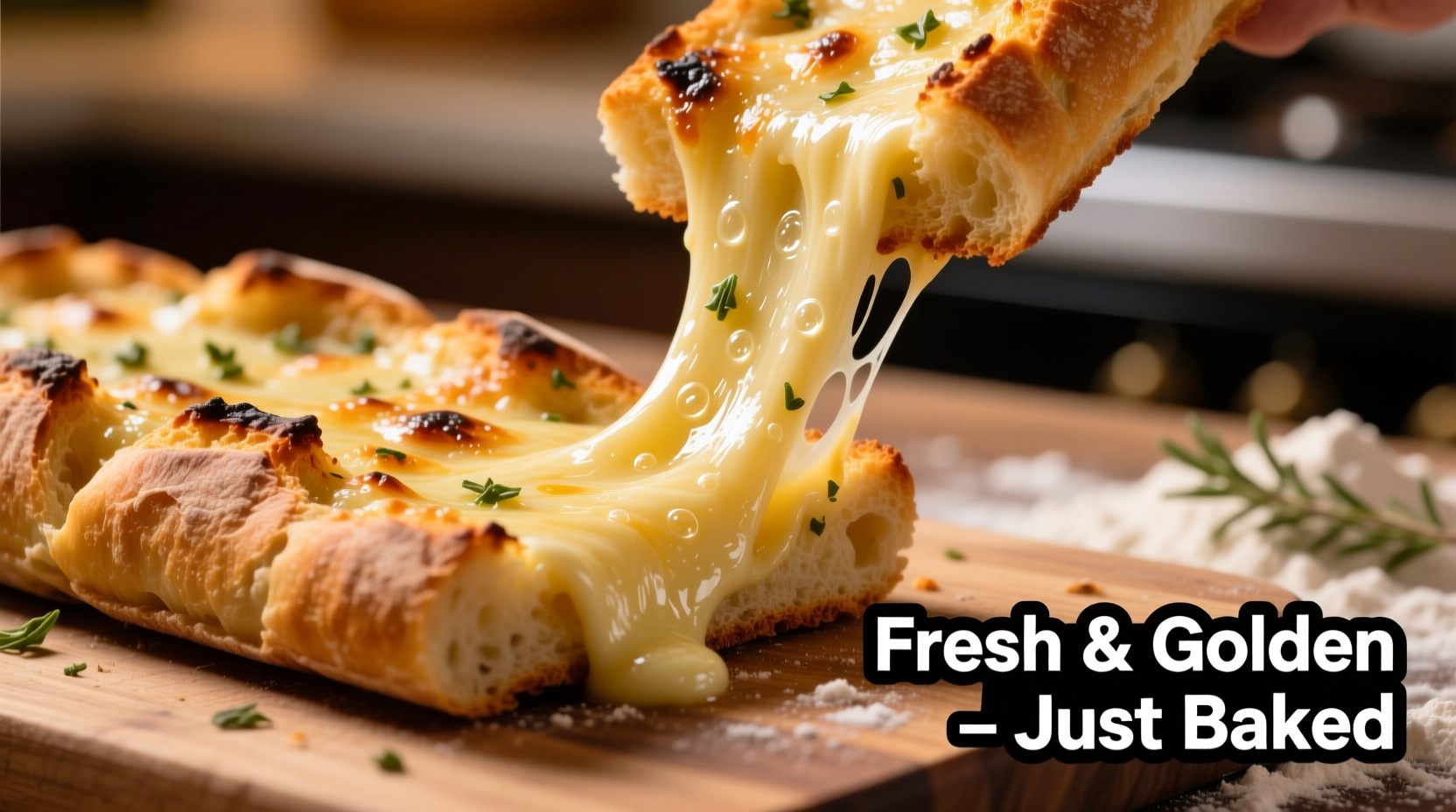 Golden mozzarella garlic bread with melted cheese pull