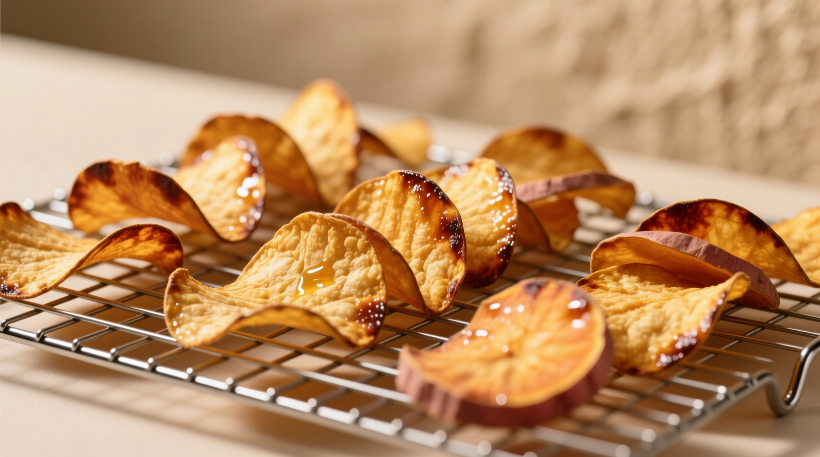 Perfectly golden sweet potato chips arranged on wire rack